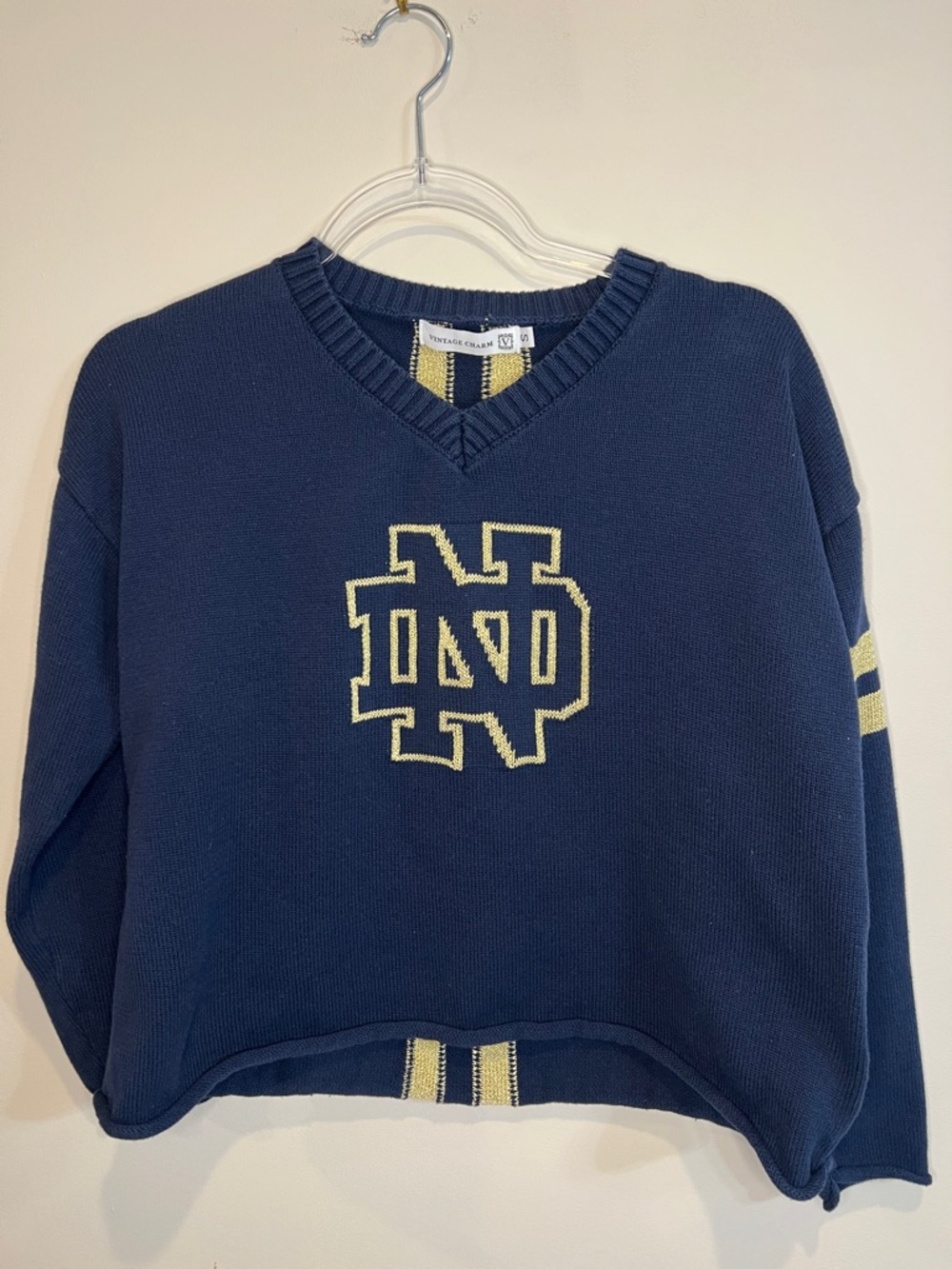 Notre Dame Navy & Gold Cropped V-Neck Cotton Sweater by Vintage Charm Small